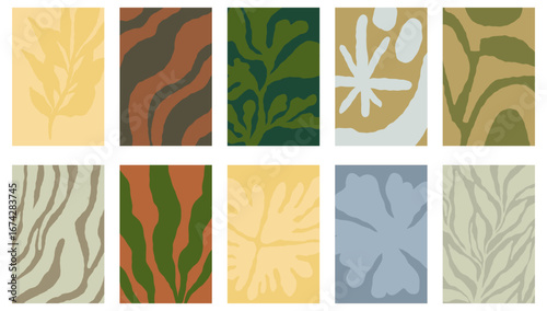 Vector abstract backgrounds and art prints with minimal hand drawn shapes in simple floral wavy ink rough naive style, cover, packaging, branding design templates with copy space for text and logo