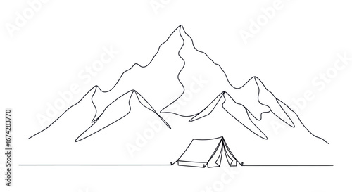 Minimalist mountain camping retreat illustration using a continuous line drawing style