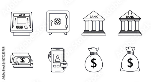 Financial icons outlining banking operations from conventional to digital services