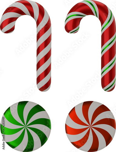 set of isolated christmas party balloons. candy cane and peppermint candy shaped helium balloons
