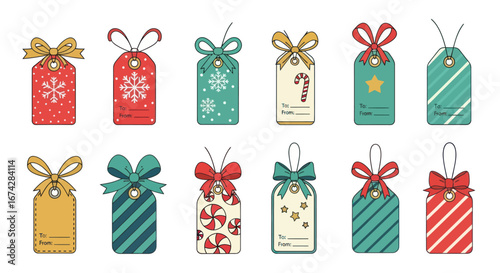 Charming collection of festive gift tags adorned with cheerful seasonal designs holiday