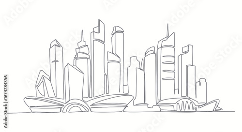 Continuous line drawing captures the essence of a modern architectural skyline