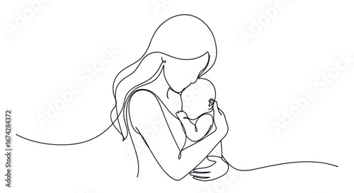 Continuous line drawing showcases the tender bond between mother and child in minimalist design