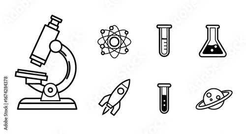 Illustrations of scientific instruments and space exploration elements on white backdrop