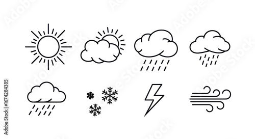 Weather icons collection minimal design showing variety of atmospheric conditions in vector format