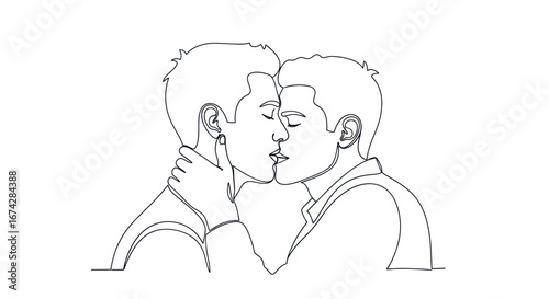 Continuous line art of two men sharing a tender moment in an intimate embrace