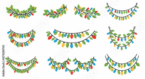 Festive holiday decorations with colorful lights and green foliage accents for a celebratory mood