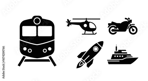 Diverse transportation methods symbolized through simple black and white iconic design showing