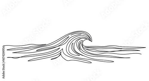Dynamic wave sketch in continuous line style capturing the ocean's rhythmic power
