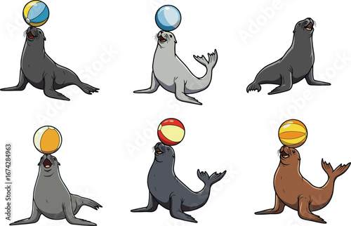 Funny cartoon seal illustration set, circus animal artwork, seal balancing ball vector, marine wildlife drawing, cute sea lion design clipart