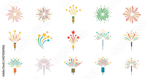 Colorful flat style fireworks collection ideal for festive occasion design assets