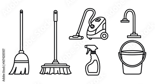 Essential cleaning tools and equipment line art illustration for hygiene and maintenance