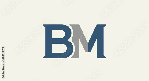 Bold and refined monogram design featuring intertwined blue and gray letters BM emblem