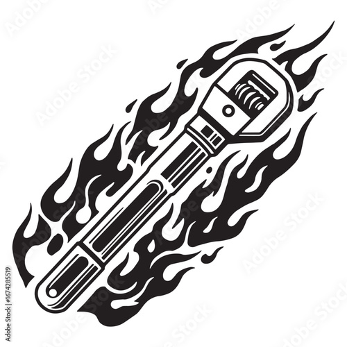 Dynamic illustration of an adjustable wrench engulfed in powerful flames, rendered in a bold, high-contrast, black and white vector design style for a striking visual impact