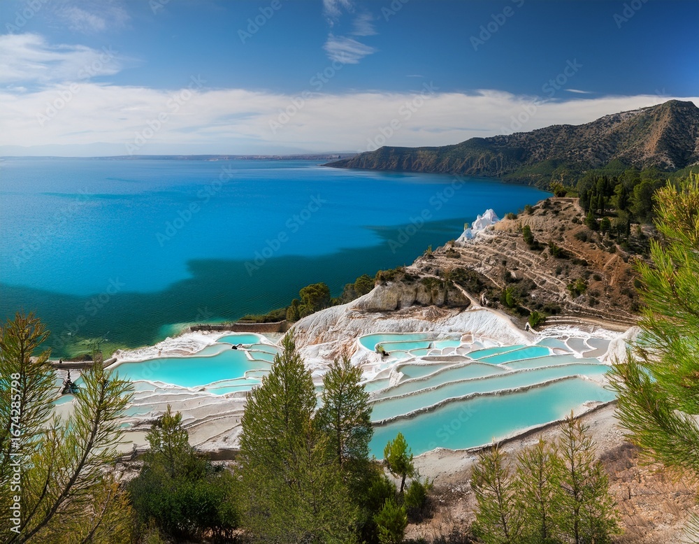 Obraz premium panoramic view of a terraced landscape with turquoise pools and trees