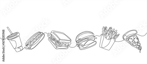 Fast food one line icons set. Continuous one line drawing of hot dog burger, sandwich, pizza, cola, french fries. Posters of fast food products, cafe theme for logo. Hand drawn. Editable stroke	
