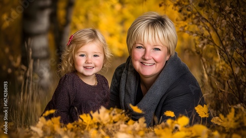 Grandmother and Granddaughter Autumn Portrait in Golden Leaves