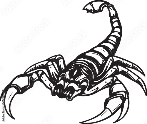 Black venomous scorpion with its tail up, a dangerous arachnid isolated as a vector illustration on a white background