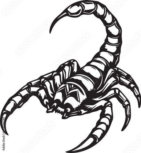 A poisonous black scorpion with a raised stinger and menacing claws is isolated on a white background