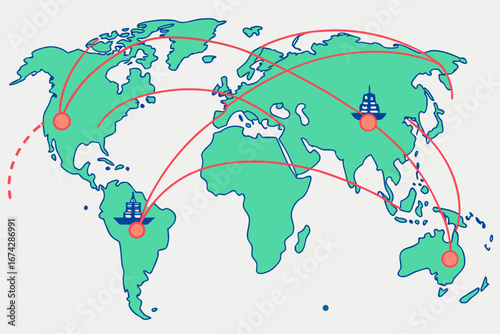 Global map with trade routes connecting major cities, modern isometric flat illustration style.