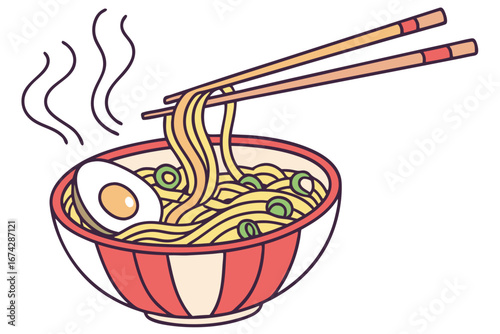 A bowl of ramen noodles with chopsticks resting on top, egg and green onions, modern flat illustration style.