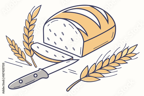 A loaf of bread with a knife beside it, wheat stalk garnish, modern flat illustration style.