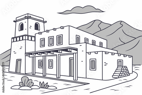 Taos skyline in linear sketch style, highlighting Pueblo-style homes, Taos Mountain, and historic plaza, modern flat illustration style.