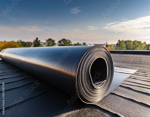 roll of epdm rubber material on a modern roof with a slight sheen waterproofing