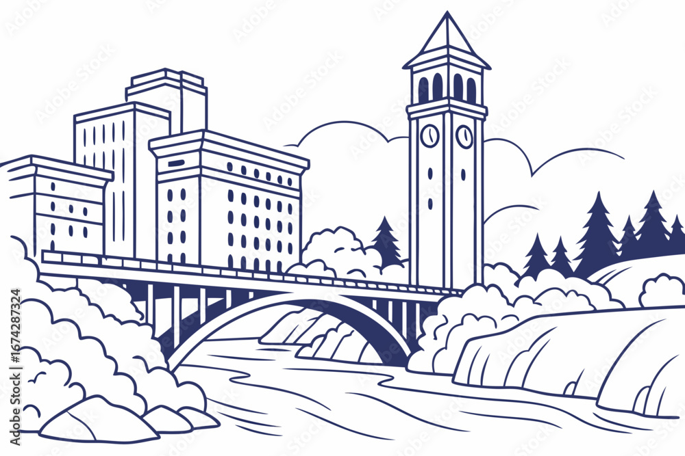 Obraz premium Spokane skyline in linear sketch style, capturing Spokane Falls, Riverfront Park clock tower, and downtown, modern flat illustration style.