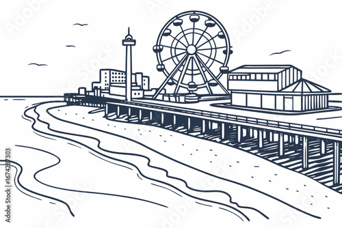 Santa Monica skyline in linear sketch style, highlighting Santa Monica Pier, Ferris wheel, and beachfront, modern flat illustration style.