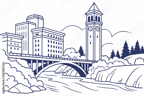 Spokane skyline in linear sketch style, capturing Spokane Falls, Riverfront Park clock tower, and downtown, modern flat illustration style.