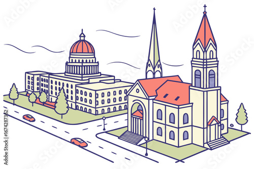 Helena skyline in linear sketch style, featuring Montana State Capitol, Cathedral of St. Helena, and city streets, modern flat illustration style.