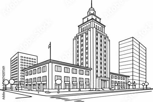Fresno skyline in linear sketch style, highlighting Fresno City Hall, Pacific Tower, and downtown streets, modern flat illustration style.