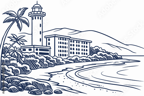 Kailua-Kona skyline in linear sketch style, highlighting coastal resorts, volcanic hills, and beaches, modern flat illustration style.