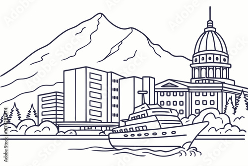 Juneau skyline in linear sketch style, showcasing Mount Roberts, harbor views, and state capitol, modern flat illustration style.