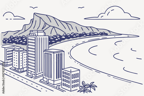 Honolulu skyline in linear sketch style, featuring Diamond Head, Waikiki Beach, and modern towers, modern flat illustration style.
