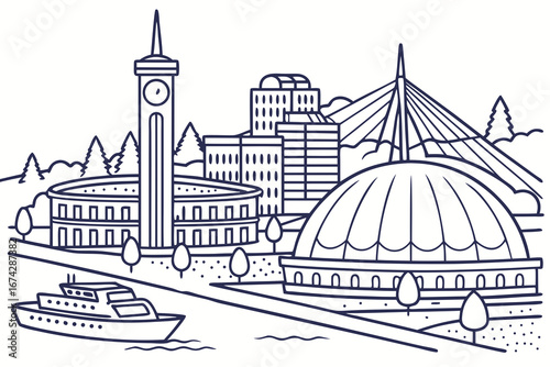 Tacoma skyline in linear sketch style, featuring Museum of Glass, Tacoma Dome, and waterfront, modern flat illustration style.