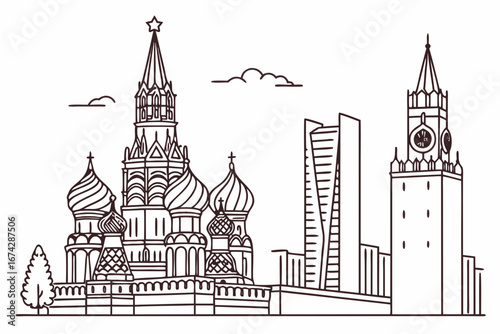 Moscow skyline in linear sketch style, showcasing St. Basil’s Cathedral, Kremlin towers, and modern skyscrapers, modern flat illustration style.