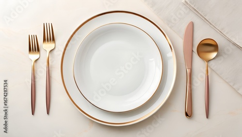 Elegant oval white dinner plate with gold rim set with rose gold cutlery for a sophisticated dining experience