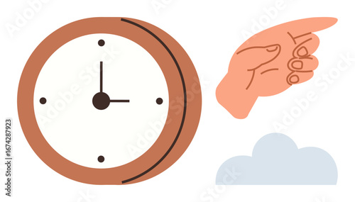 Wall clock, pointing hand indicating direction, and cloud shape. Ideal for time management, guidance, decision-making, planning, direction focus futuristic thinking. Simple flat metaphor