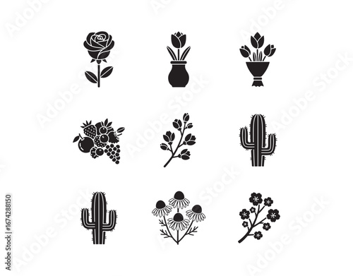 Set of flower silhouette icons. Includes a rose, tulip in a vase, fruit bouquet, spring blossoms, cactus, chamomile, and sakura in a minimal vector style. Simple black solid glyph symbols.