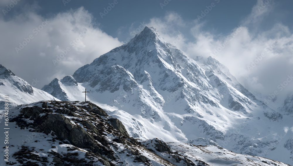 Obraz premium Snow-Capped Mountain Peak with Cross - Winter Landscpe