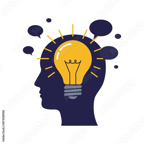 A silhouette of a head with a glowing lightbulb inside, symbolizing an idea or inspiration.