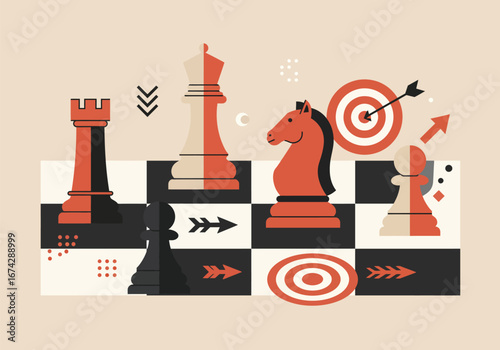 Strategic chess pieces and targets on a chessboard, symbolizing planning and competition.