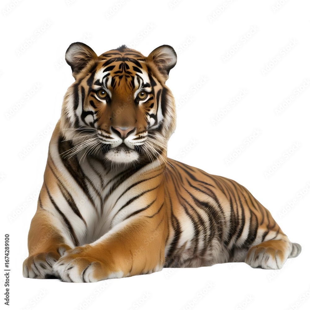Fototapeta premium オレンジと黒の縞模様の虎が白い背景に座る姿を捉えたポートレート