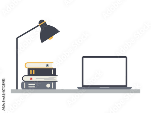 Minimalist flat design illustration of a modern workspace with a laptop, a stack of books, and a desk lamp on a tabletop.