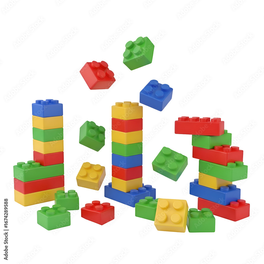 Obraz premium Colorful Plastic Blocks Stacking High, Creating Structures with a Transparent Background