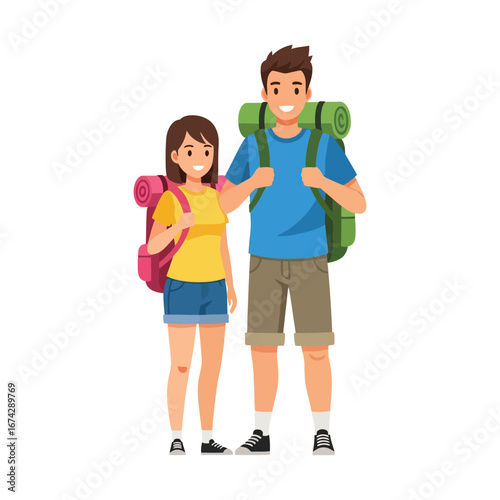 A happy young couple of tourists, a man and a woman, standing together with large backpacks, ready for a hiking or camping adventure.