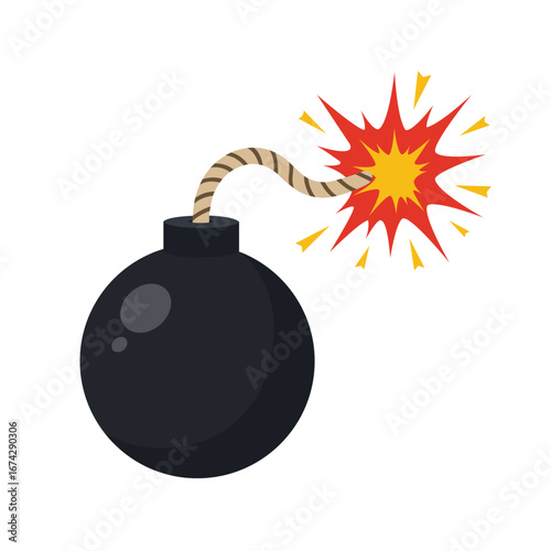 Vector illustration of a black cartoon bomb with a burning fuse and explosion spark. Great for game design, danger signs, and comic style graphics.