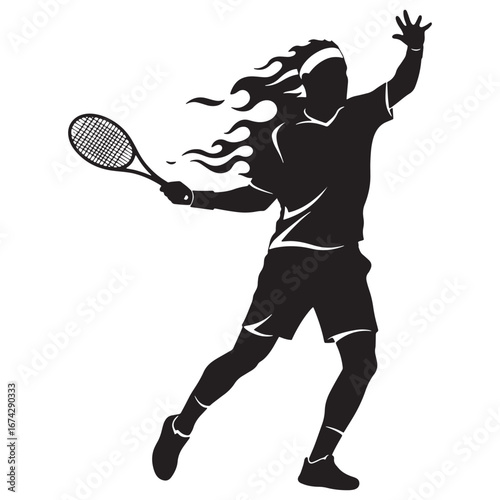 Stylized vector silhouette illustration of a tennis player with a fiery flame effect in a powerful serving motion, a dynamic sports graphic design